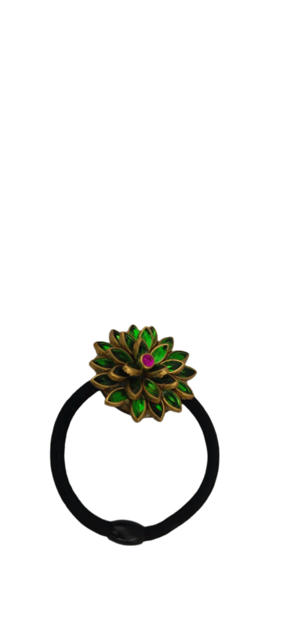 Oxidized Gold Plated Green Meenakari Kempu Flower Ring for Women