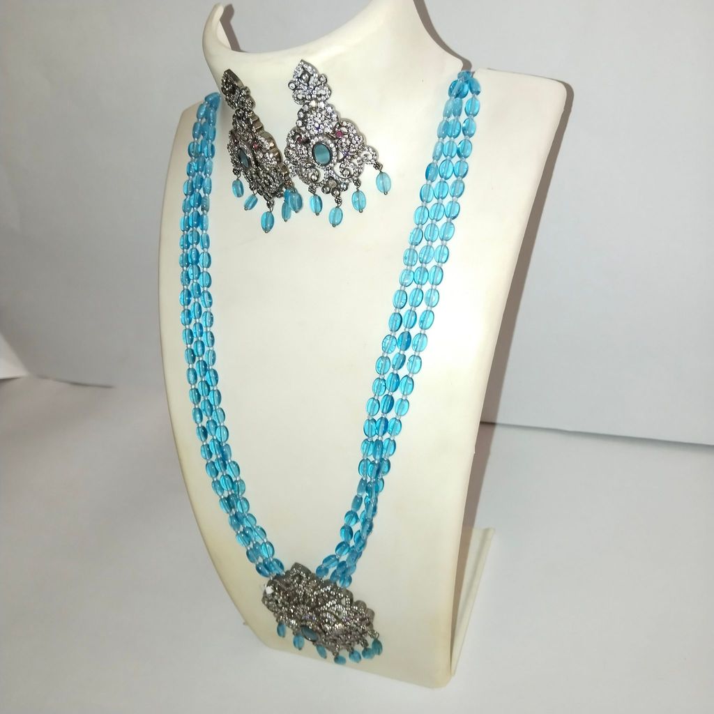 Silver Long Necklace Set With Sky Blue Beads