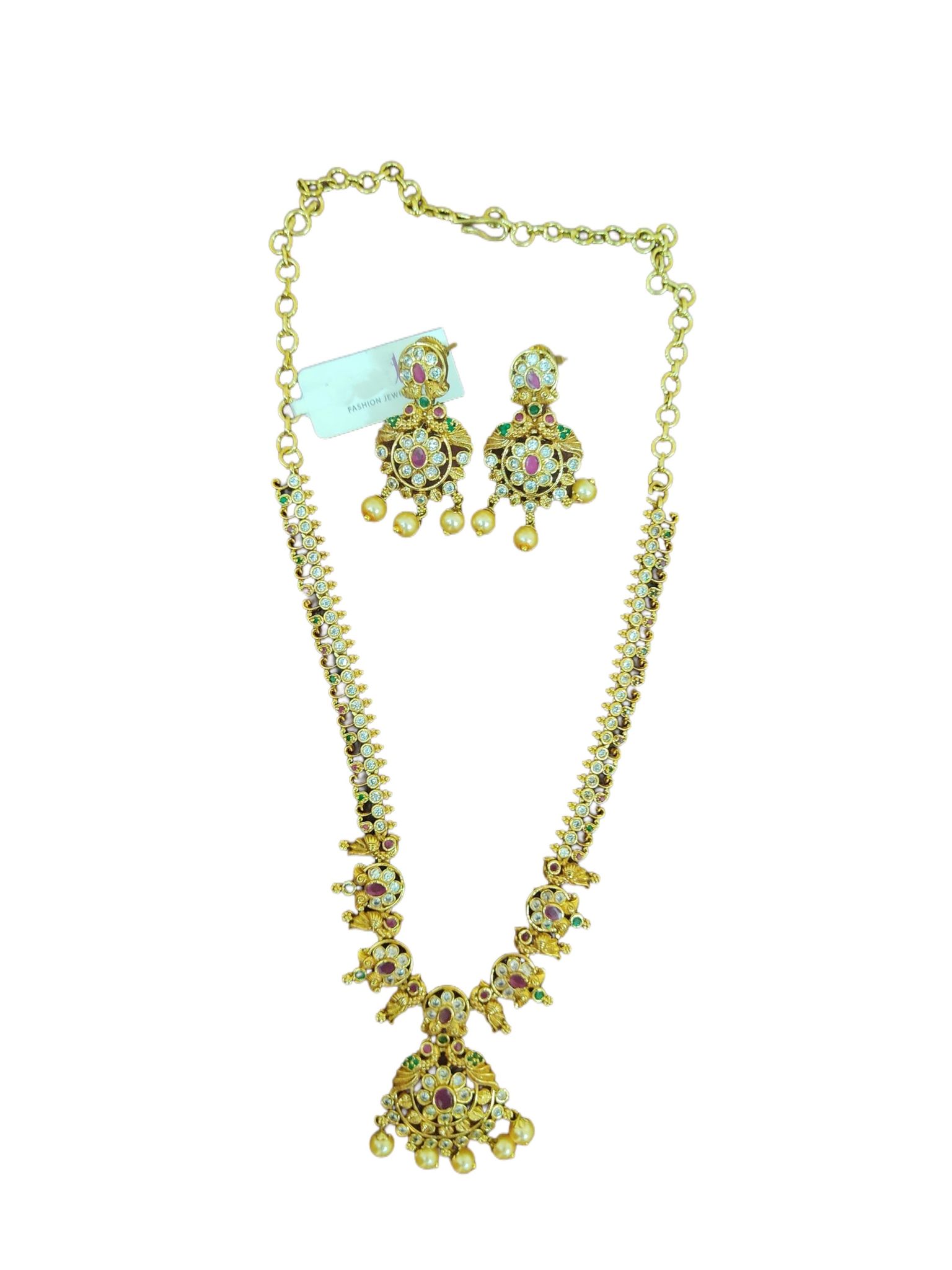 Gold-plated antique finish traditional haram necklace set with earrings for women