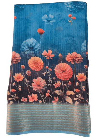 Blue and Black Floral Saree with Zari Border