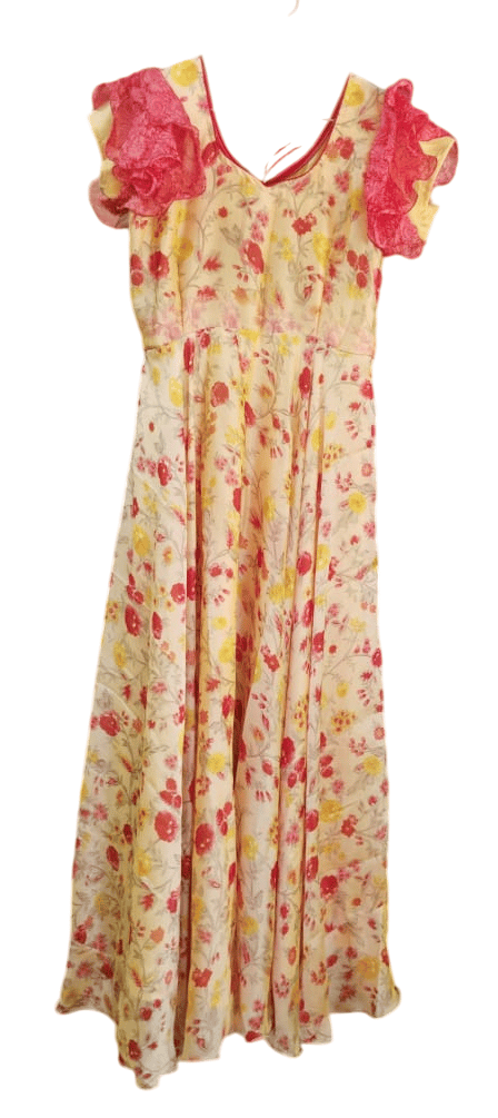 Yellow Floral Georgette Maxi Dress with Ruffle Sleeves