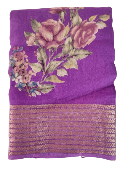 The Purple Saree With Floral Print And Golden Border