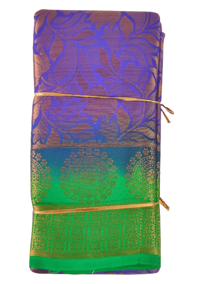 Purple and Green Kanjivaram Silk Saree with Golden Zari Border