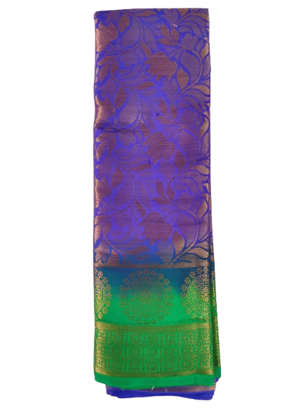 Purple and Green Kanjivaram Silk Saree with Golden Zari Border