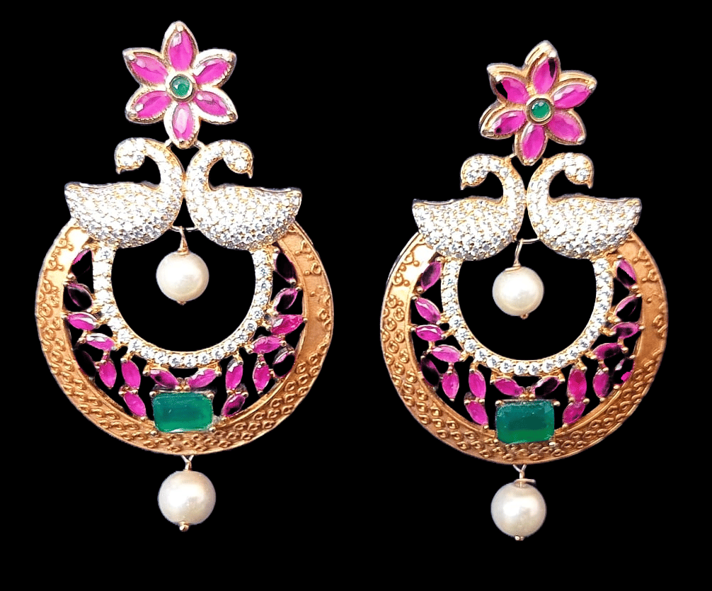 Stunning American Diamond Peacock Chandbali Earrings with Pink Stones and Pearls