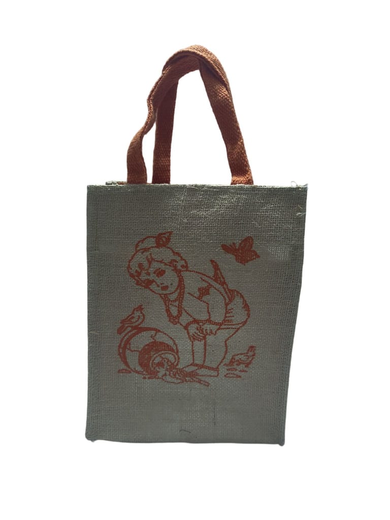 Small Jute Bag with Zipper and Cartoon Print