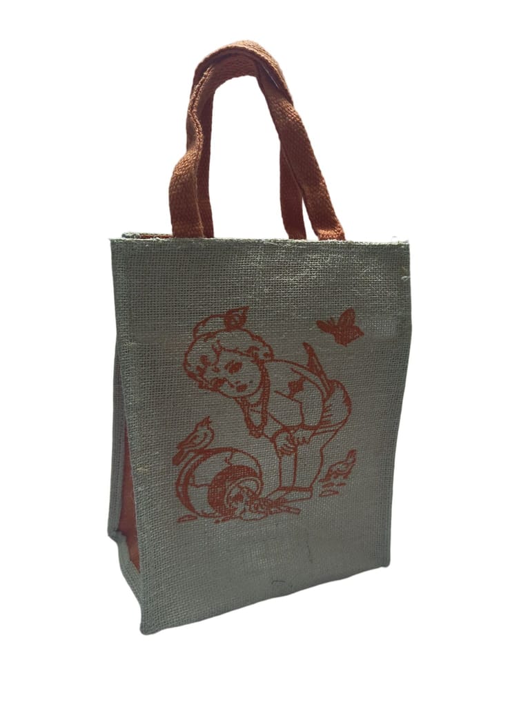 Small Jute Bag with Zipper and Cartoon Print