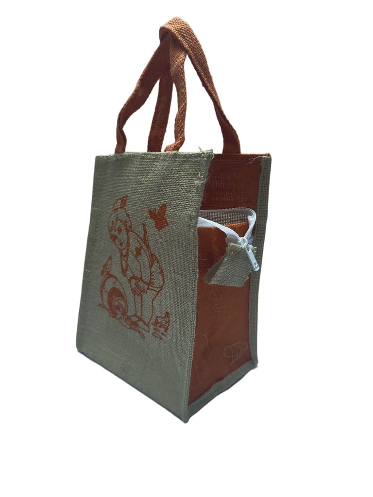 Small Jute Bag with Zipper and Cartoon Print