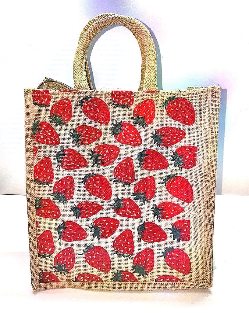 Strawberry Print Jute Tote Bag