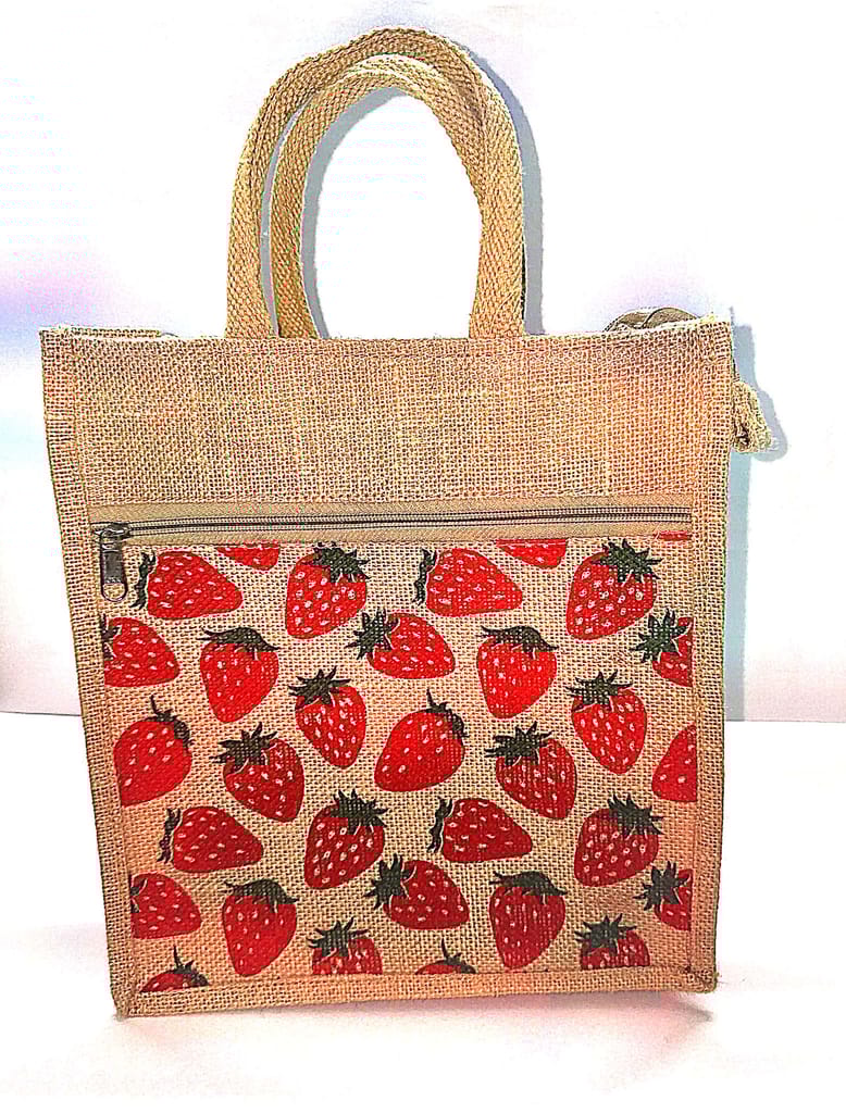 Strawberry Print Jute Tote Bag