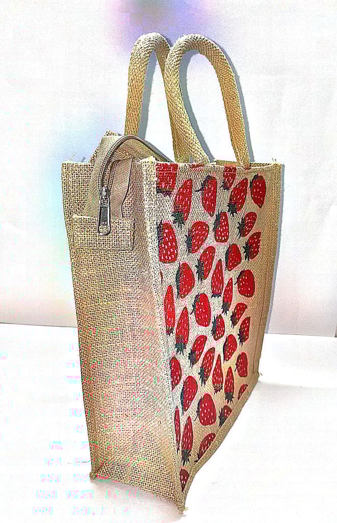 Strawberry Print Jute Tote Bag