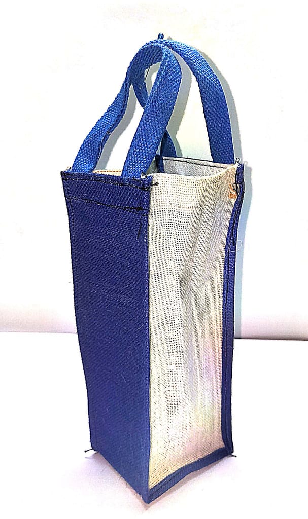 Jute Wine Bottle Bag, 2-tone, Blue/Natural, 13.5" x 4.5" x 3.5"