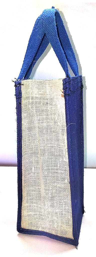 Jute Wine Bottle Bag, 2-tone, Blue/Natural, 13.5" x 4.5" x 3.5"