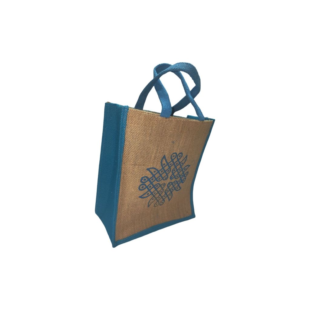 Small Burlap Gift Bag with Blue Trim