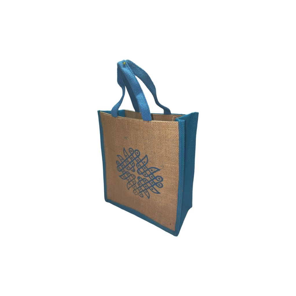 Small Burlap Gift Bag with Blue Trim