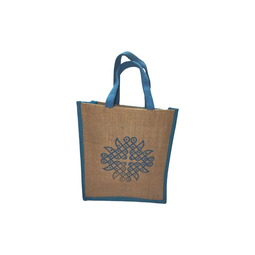 Small Burlap Gift Bag with Blue Trim
