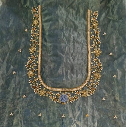 Exquisite Hand Embroidered Saree Blouse Neck Design with Zardosi and Pearl Work