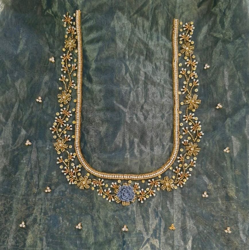 Exquisite Hand Embroidered Saree Blouse Neck Design with Zardosi and Pearl Work