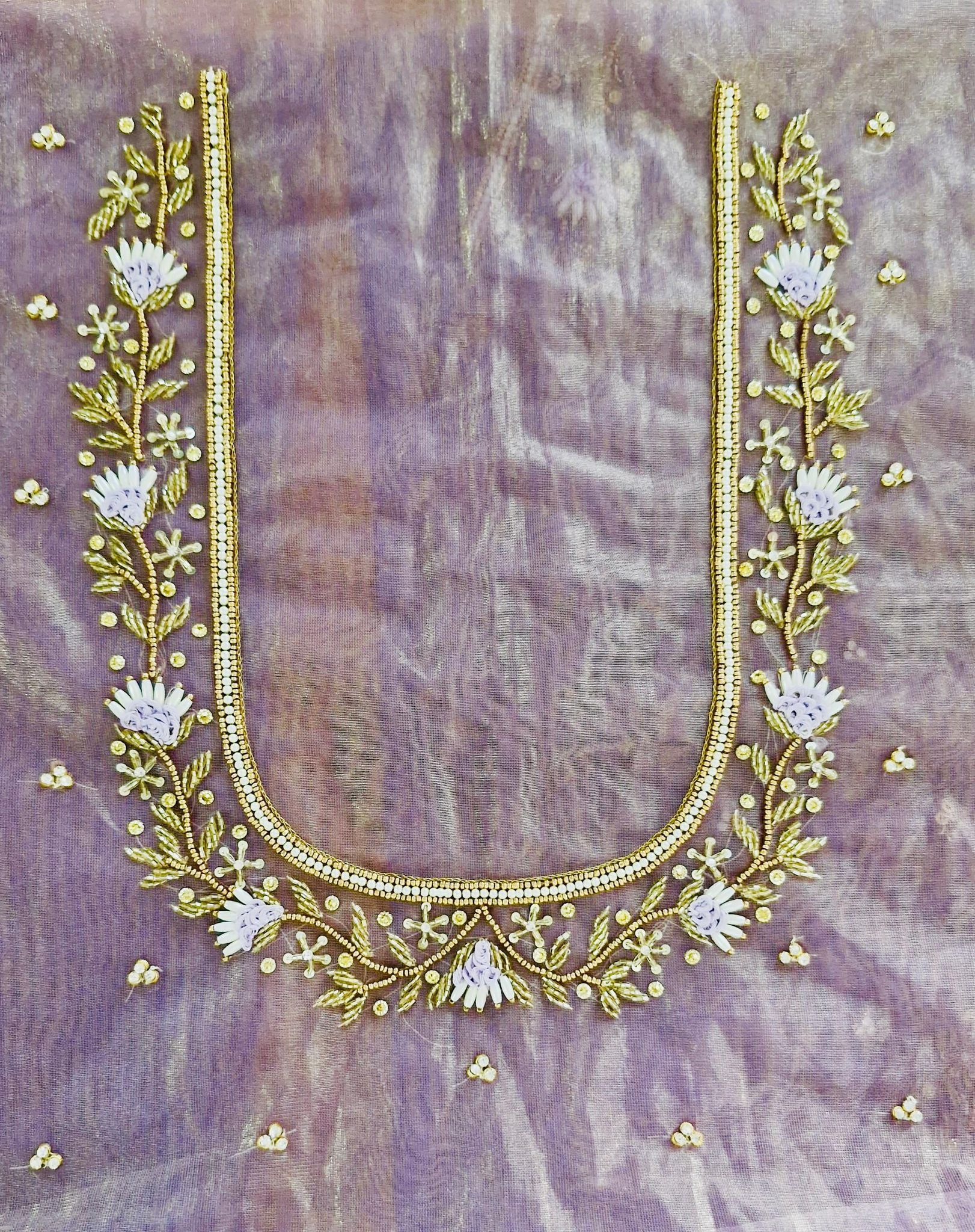 Exquisite Hand Embroidered Blouse Neck Design with Zardosi, Beads and Pearls