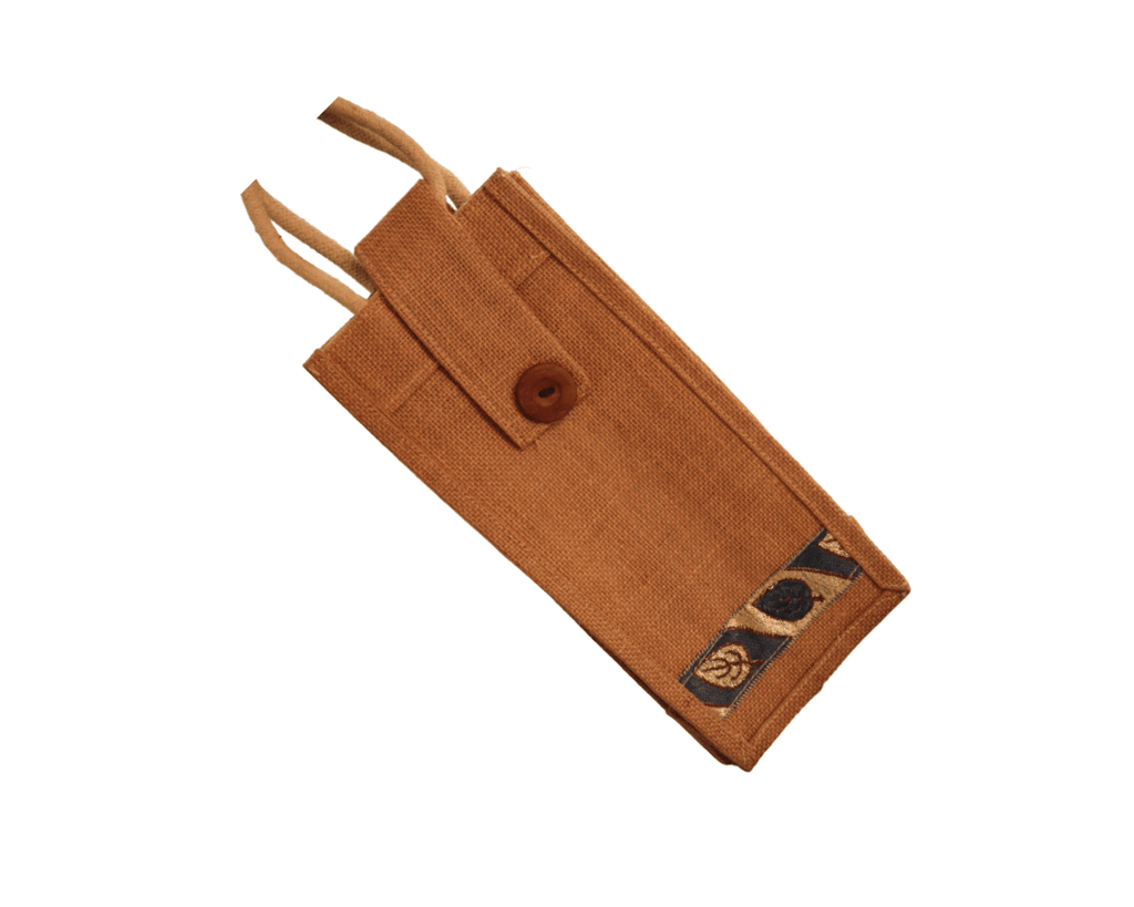 Handcrafted Jute Wine Bottle Bag with Button Closure and Blue Floral Print