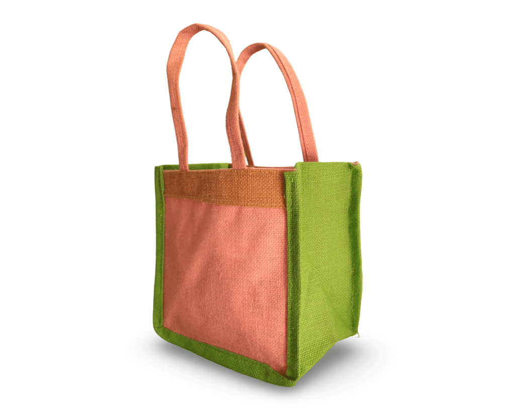 Small Pink Jute Tote Bag with Green Trim
