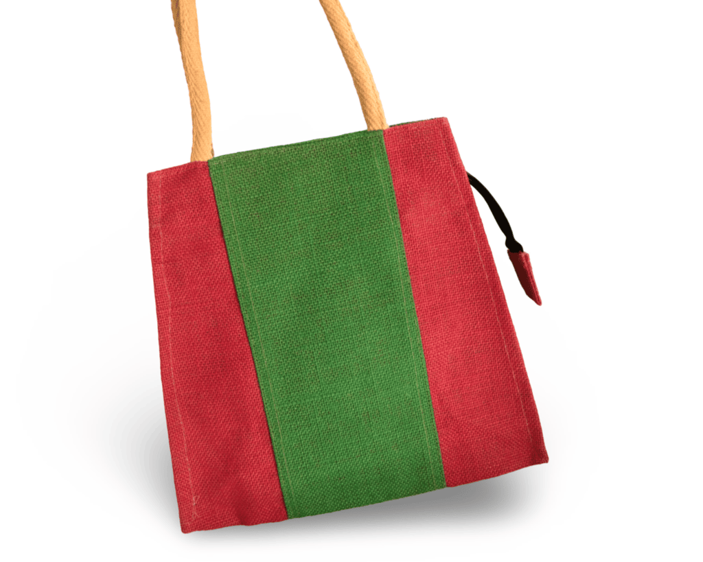 Stylish and Eco-Friendly Jute Tote Bag with Red and Green Stripes