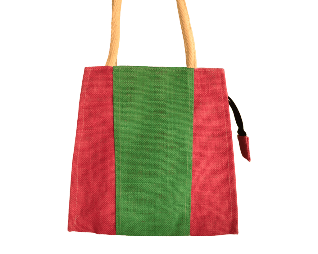 Stylish and Eco-Friendly Jute Tote Bag with Red and Green Stripes