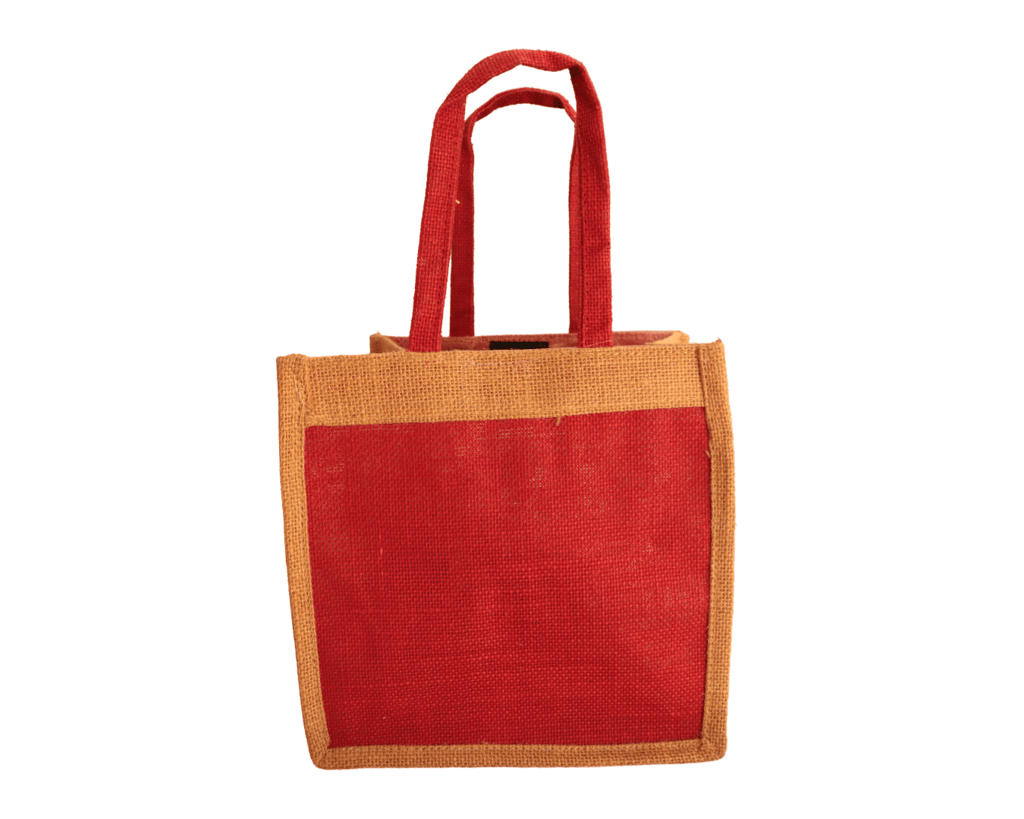 Red Jute Tote Bag with Brown Handles