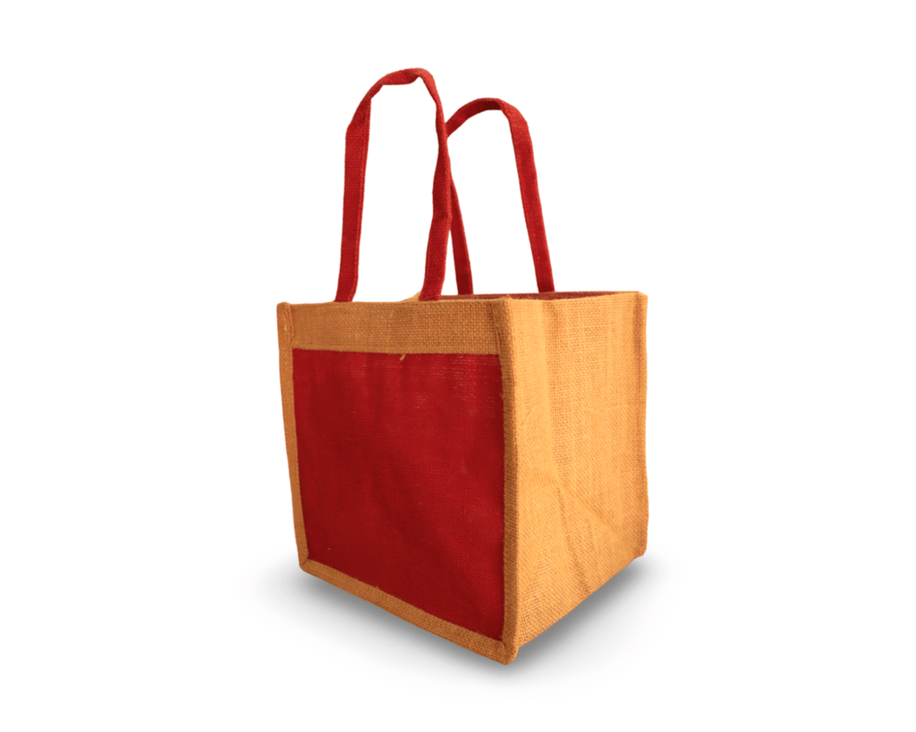 Red Jute Tote Bag with Brown Handles