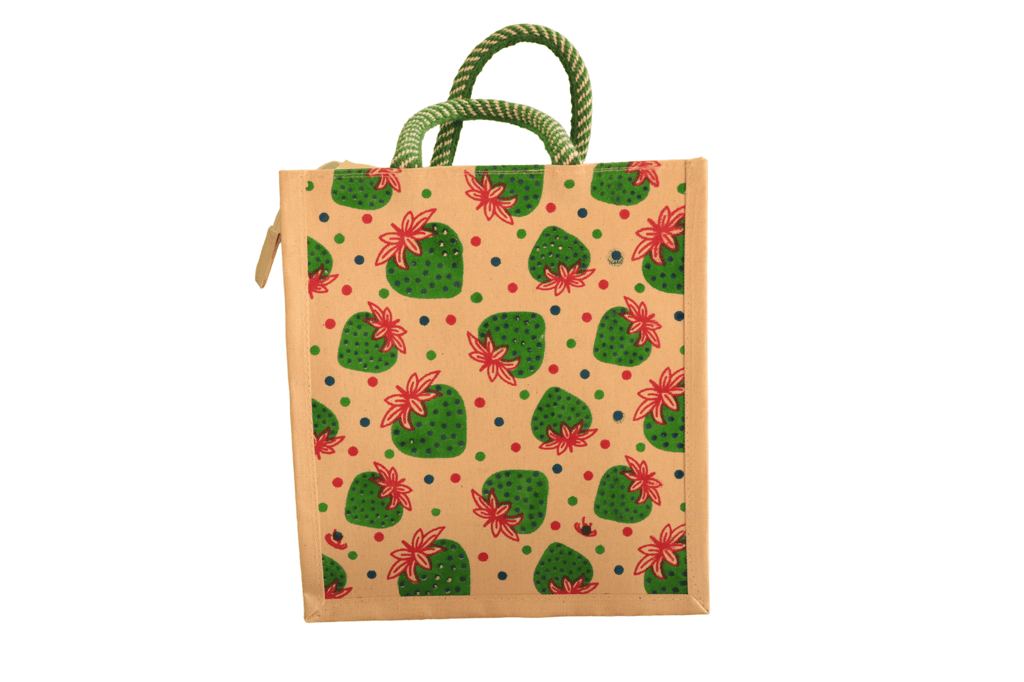 Eco-Friendly Strawberry Print Jute Tote Bag with Zipper and Handles