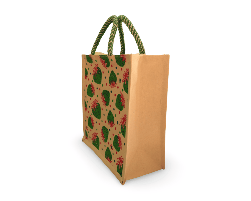 Eco-Friendly Strawberry Print Jute Tote Bag with Zipper and Handles