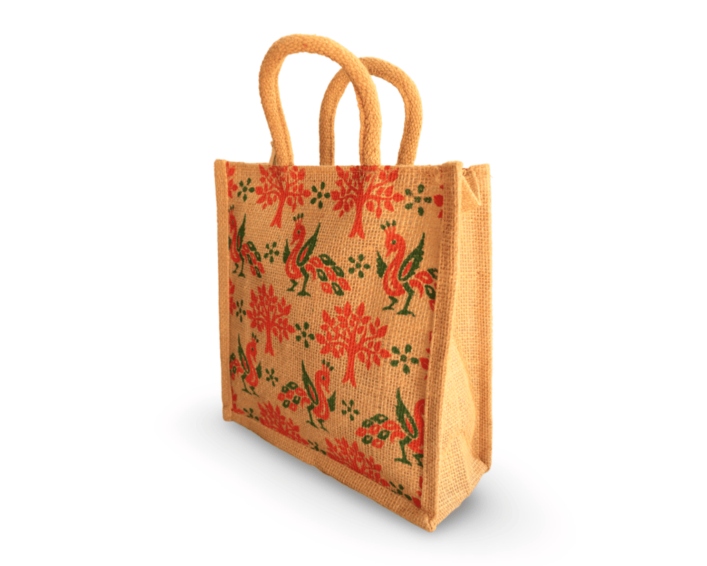 Eco-Friendly Jute Tote Bag with Colorful Peacock Print