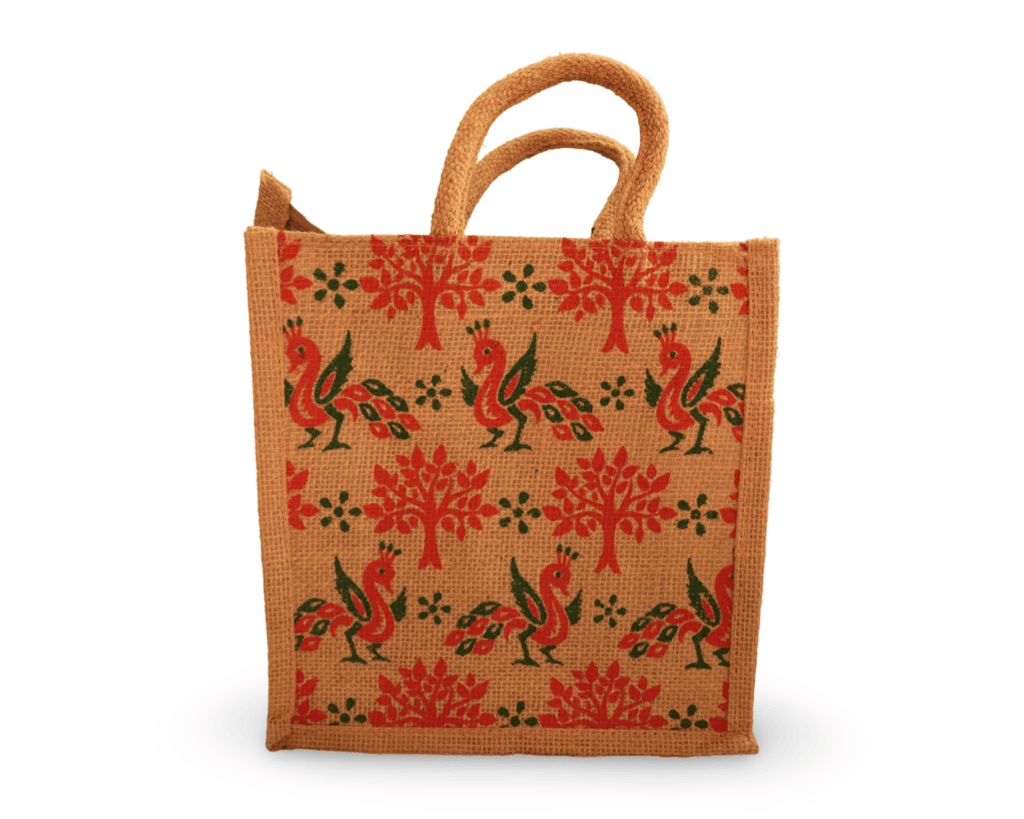 Eco-Friendly Jute Tote Bag with Colorful Peacock Print