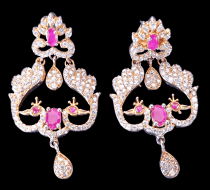 American Diamond Peacock Earrings with Ruby Stones