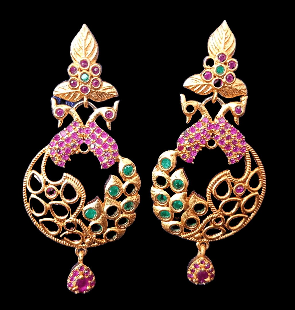 Stunning Peacock Chandbali Earrings with Ruby and Emerald Stones