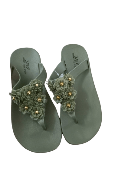 Women's Green Embellished T-Strap Sandals