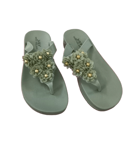 Women's Green Embellished T-Strap Sandals