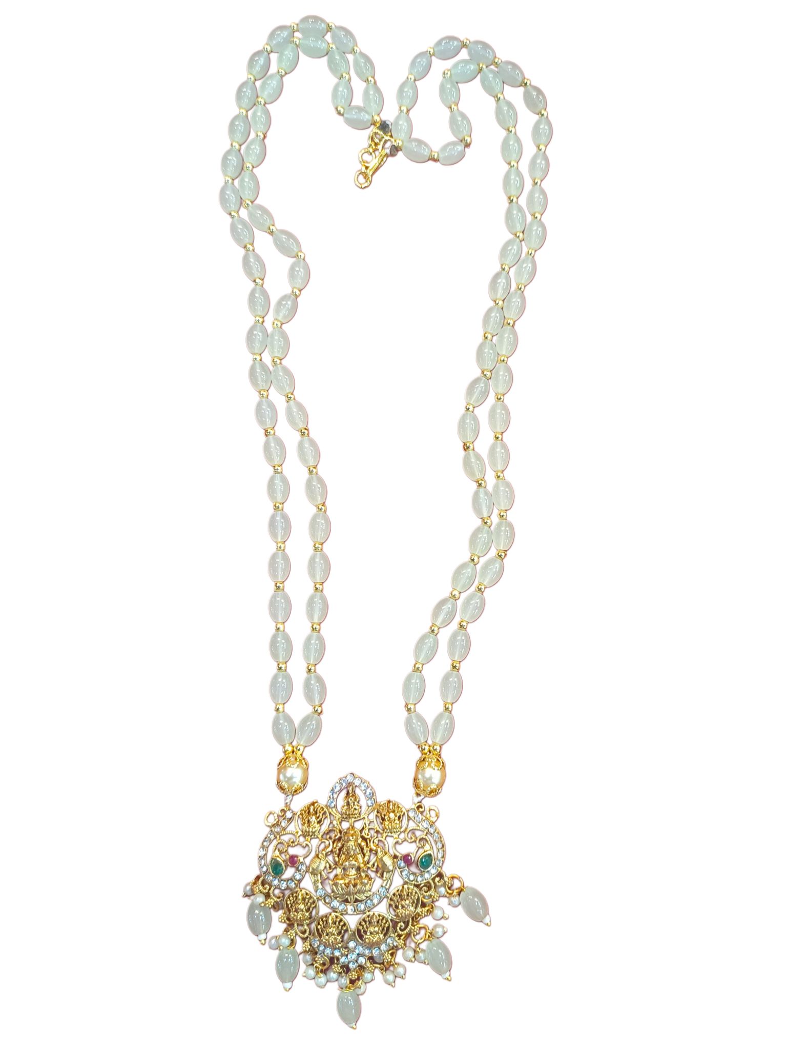 Gold Plated Traditional Long Necklace Set With Pearl And Stones For Women
