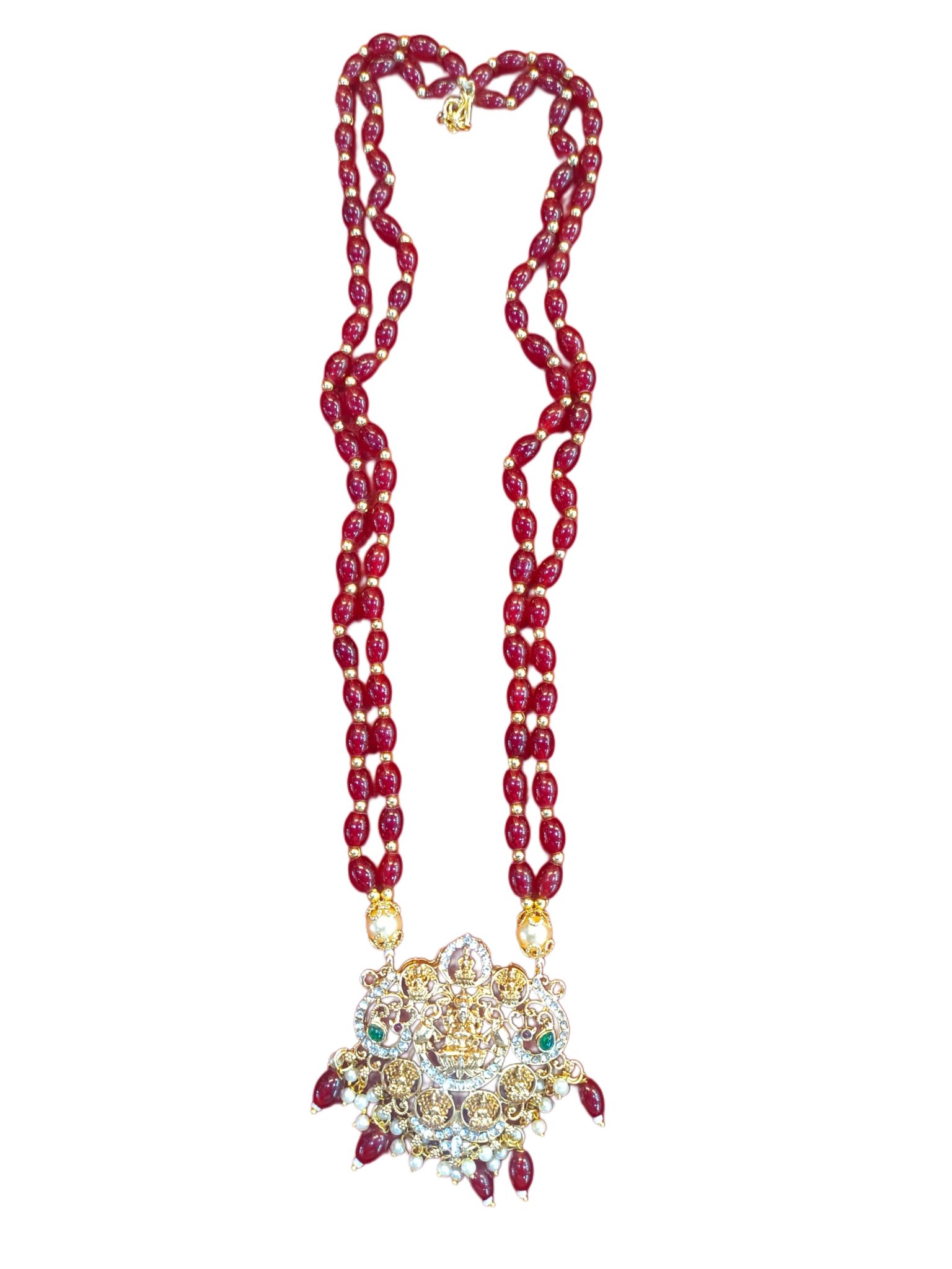 Traditional Indian Necklace Set with Red Beads and Gold Pendant