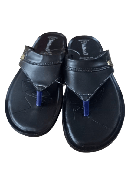 Men's Black Leather Flip-Flops with Blue Stitching