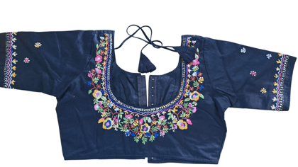 Black Cotton Hand Embroidered Floral Saree Blouse with Back Hook and Eye Closure Black Cotton Hand Embroidered Floral Saree Blouse with Back Hook and Eye Closure