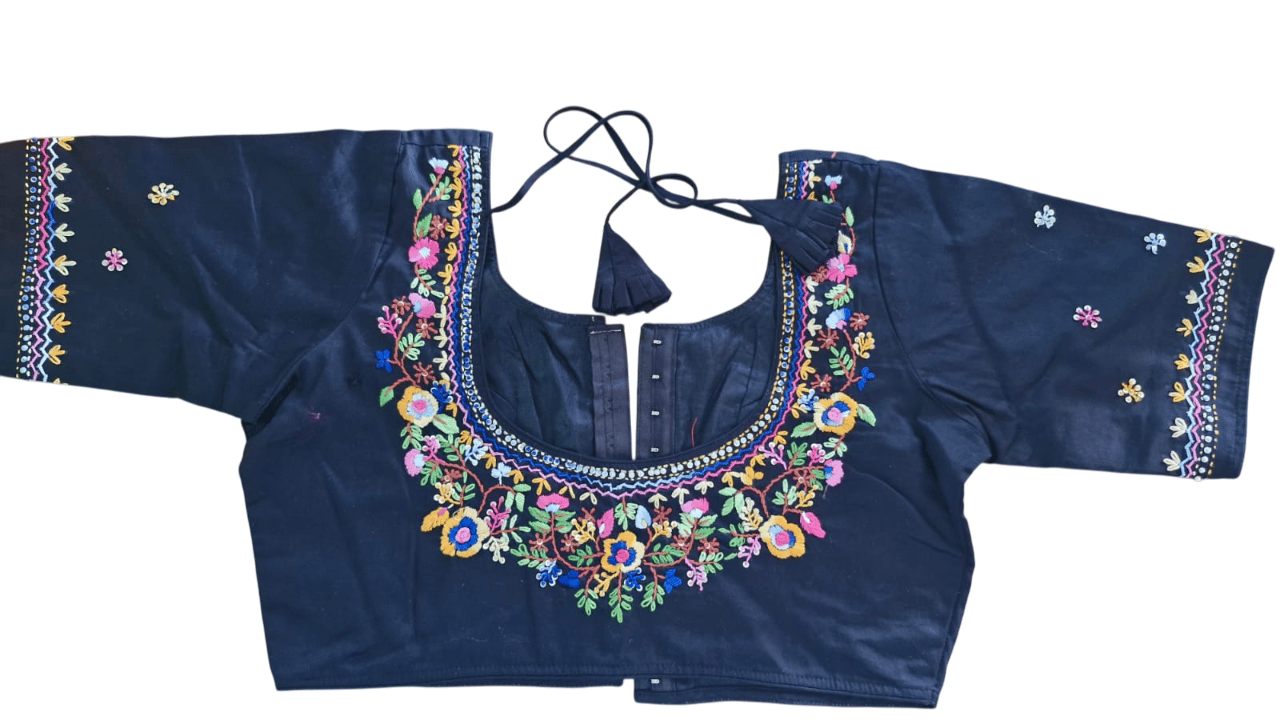 Black Cotton Hand Embroidered Floral Saree Blouse with Back Hook and Eye Closure