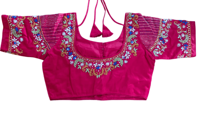 Buy Pink Hand Embroidered Cotton Blouse with Floral Motifs and Tassels Online at [Your Store Name]