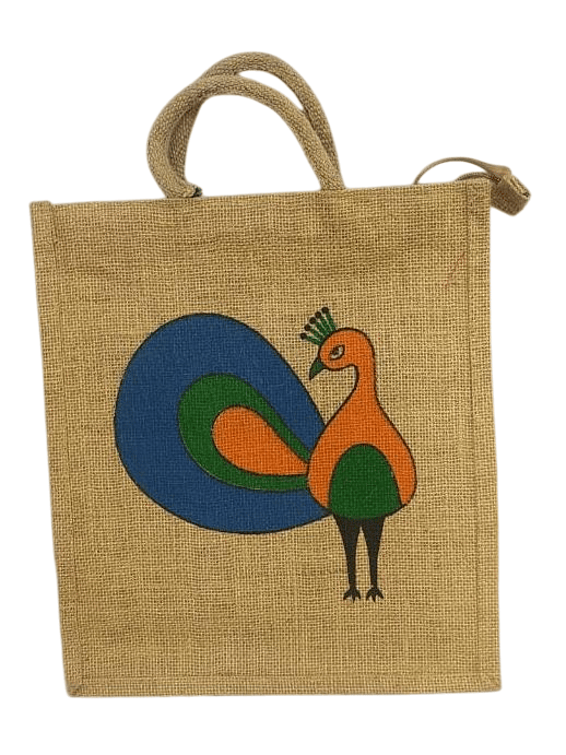 Hand-painted Peacock Jute Tote Bag - Handbags | Buy online on ZillyBuy
