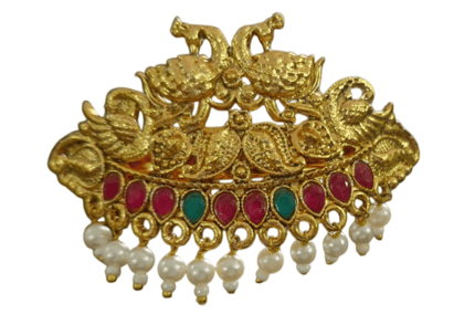 Exquisite Peacock Kundan Maang Tikka with Pearls and Green Stones Hair Clips