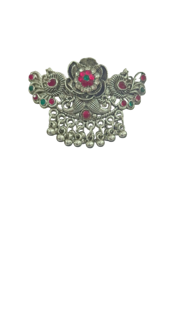 Oxidized German Silver Traditional Pendant Set with Stones for Women hair clip