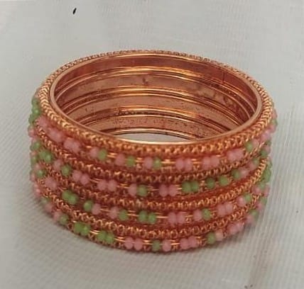 Set of 4 Copper Bangles with Pink and Green Beads - Bangles & Bracelets | Buy online on ZillyBuy