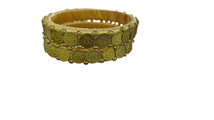 "Exquisite Golden Bangle Set with Intricate Coin Detailing - Perfect for Traditional Occasions"
