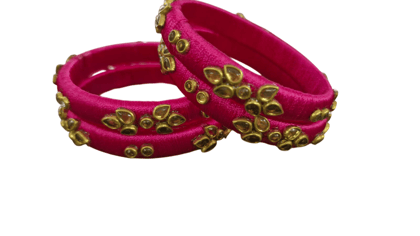 "Stunning Pink Silk Thread Bangle Set with Golden Stone Embellishment for Women"