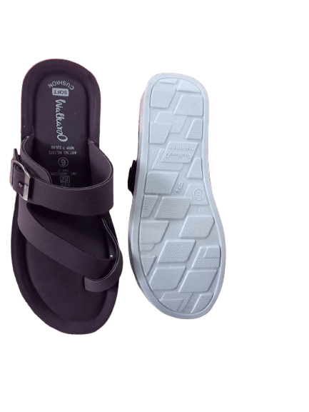 Women's black casual slippers with a textured footbed and a buckle closure